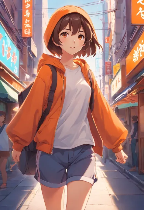 A girl on the run，Wear a white T-shirt，Orange hooded clothes，Carrying a bag，Short hair in color，Background food street，Arms spread wide，