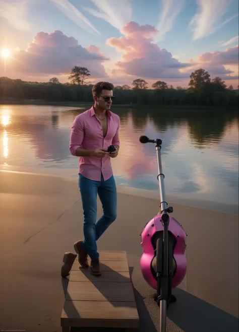 (full body:1.2),(best quality,4k,8k,highres,masterpiece:1.2),ultra-detailed,(realistic,photorealistic,photo-realistic:1.37), portrait, man in a pink shirt, man in black jeans, pink shirt, black jeans, White scarf around neck, sun glasses in hand, beautiful...