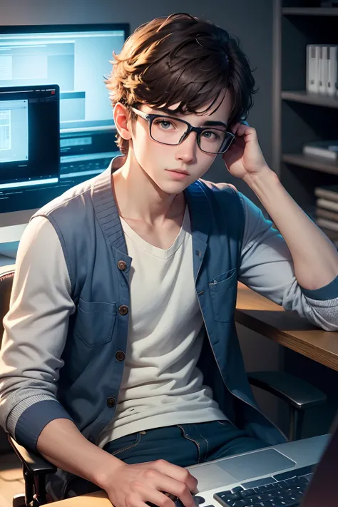 a cute boy with glasses , young adult , in front a gamer computer , realistic , high resolution , 4k , HDR