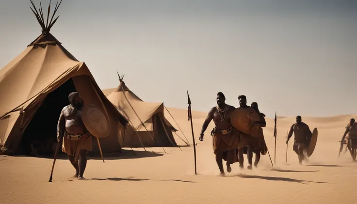 a scene in the wilderness with a group of obese black spartan warriors. They are camped in traditional tents and are naked in thents they occupy. The surrounding desert landscape is arid, with sand dunes and a deep blue sky. Explore os detalhes da vida cot...