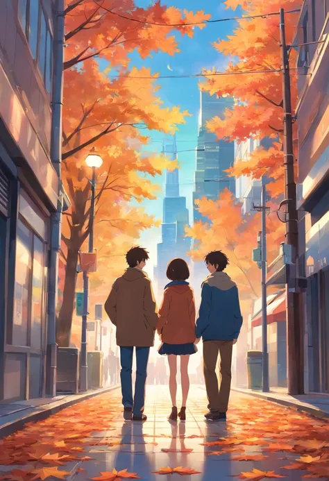 A man and a woman stood facing each other，The background is the street，Maple leaves fall