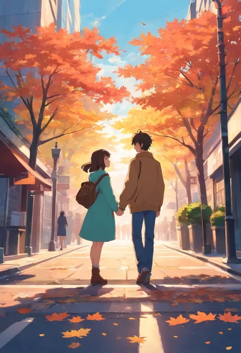 A man and a woman stood facing each other，The background is the street，Maple leaves fall