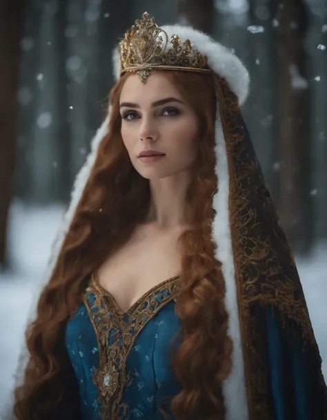 Woman with an ice tiara on her head and a navy blue winter cloak with golden details, broche de floco de neve. longos cabelos pretos,rainha do inverno, princesa elfa, retrato de uma rainha elfa, rainha elfa, princesa inverno, uma rainha elfa, artgerm em ar...