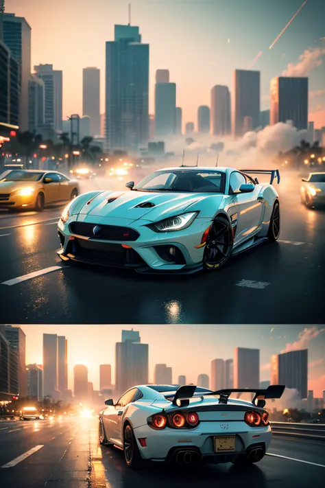 bright sunny day beautiful cloudy sky sunset sports car racing down cyberpunk Miami city streets neon signs and crowds confetti debris dust wind volumetric fog exciting epic action camera, (masterpiece:1.2) (photorealistic:1.2) (bokeh) (best quality) (deta...