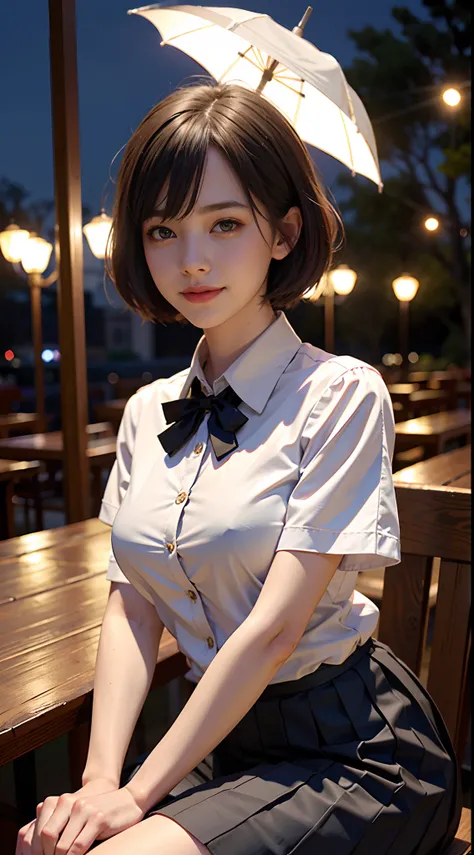 (8k, RAW photo, best quality, masterpiece:1.2), (realistic, photo-realistic:1.37), ultra-detailed,
1 girl,cute, solo,beautiful detailed sky,detailed cafe,night,sitting,dating,(nose blush),(smile:1.1),(closed mouth),large breasts, seductive smile, large apa...