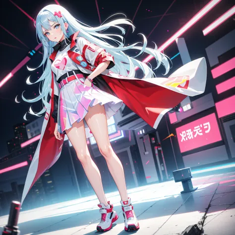 Girl wearing holographic costume shirt with red heart print and white skirt in the cyberpunk city hide her hands in pockets