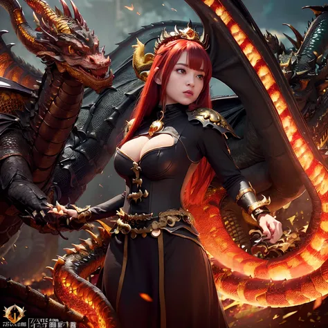 (The Ultimate Beauty Face), Professional , ​masterpiece、top-quality、photos realistic , depth of fields （Gemstone Black Metal Body:1.4),(Matte Black、（cleavage of the breast）、Dragon Gold Weapon,Mystical expression、Particles of light、((((Fight dragons)))、（Dra...