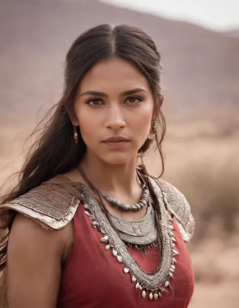 1girl,(8k, best quality, masterpiece, ultra highres:1.2),native american tribe warrior, red ancient shirt, upper body shot, paint face,strong, gazing eyes, highly detailed face, cinematic still, desert background, deep depth of field, bokeh effect, wide an...