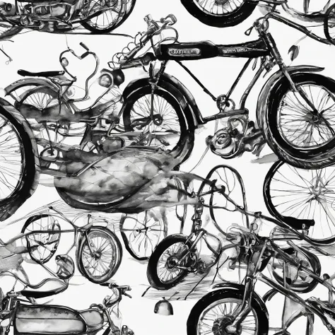 Racing Bikes, Synth Wave, T-shirt vector, surrounded, White background, Illustration,ink and watercolor painting,black and white