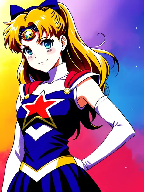 Ultra-detailed portrait of Sailor Moon 1 girl smiles, Captain America clothes，Color digital painting, Highly detailed, Digital painting, art  stations, Intricate, Sharp focus, Warm lighting, Attractive, High quality, Masterpiece, Award-winning art, A work ...