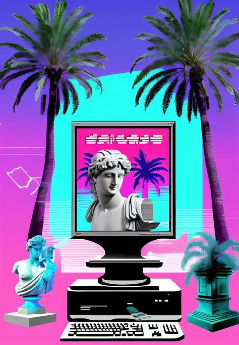 a computer and a statue with palm trees in the background