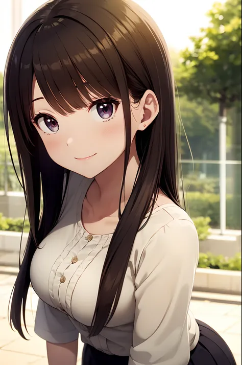 best quality, detailed face, 1girl, middle breast, smile, casual outfit, skirt, good anatomy, looking at viewer, soft focus, cinematic lighting, depth of field, happy expression