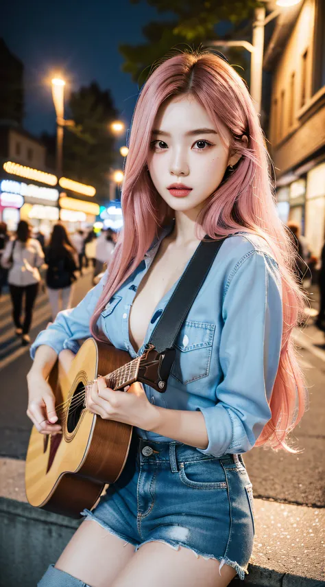 (Best Quality,4k,8K,high resolucion,Masterpiece:1.2),Ultra-detailed,(realisitic,Photorealistic,Realistis:1.37),portrait of a,Playing acoustic guitar,(Street performances:1.1),Long hair,Pink hair,blue shirt,No bra, I unbuttoned 3 buttons, short denim skirt,...