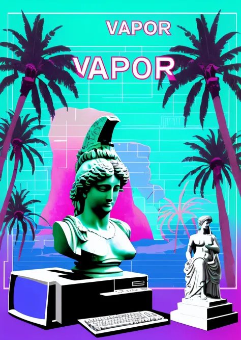 a computer and a statue with palm trees in the background