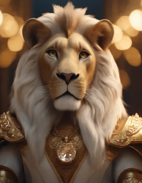 (best quality,4k,8k,highres,masterpiece:1.2),ultra-detailed,(realistic,photorealistic,photo-realistic:1.37), The lion anthropomorphic Angel:1.7, (Furry ears:1.3), medium shot, glowing light eyes, golden hair, Golden crystal glass material, royal flash nobl...