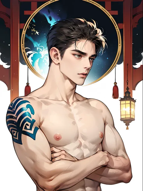 1boy,10 talents、(Mans :2) ,Handsome boy,A dark-haired、tattooed、(Upper body naked:1.5)、katanas,arms folded、bath robe、Japanese garden、ink and watercolor painting、Chinese charactersa、dark ilumination、hightquality、masutepiece,8K,NSFW,