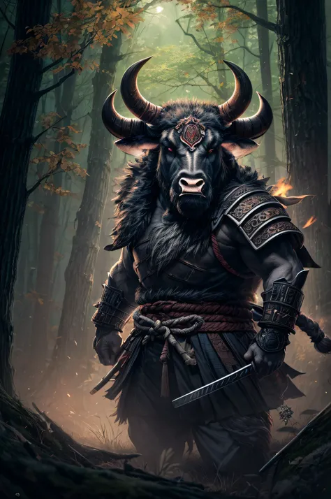 A Minotaurus with characteristic Bulls Head wearing Samurai Outfit in A Old Forest At Night, Dynamic Pose