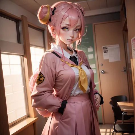 Yellow eyes, pink hair with buns, school uniform, kitsune features