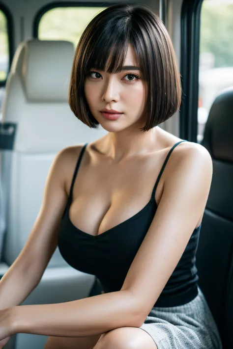 1 beautiful woman, 40 years old, Brunette bob cut hair, hyperdetailed face、Detailed lips、A detailed eye、(Huge breasts:1.3), 二重まぶた, Short-sleeved blouse, ((micromini skirt)),  cleavage, panties on、(thighs thighs thighs thighs), Sitting on the bus、8K, masute...