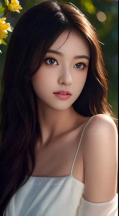 best qualtiy，tmasterpiece，A high resolution，1girll，Dingdall effect，realisticlying，edge lit，twotonelighting，（highdetailskin：1.2），8K  UHD，Pure，Sweet，Flower background，Colorful background，Based on physical rendering，Perfect light and shadow，extreme hight deta...