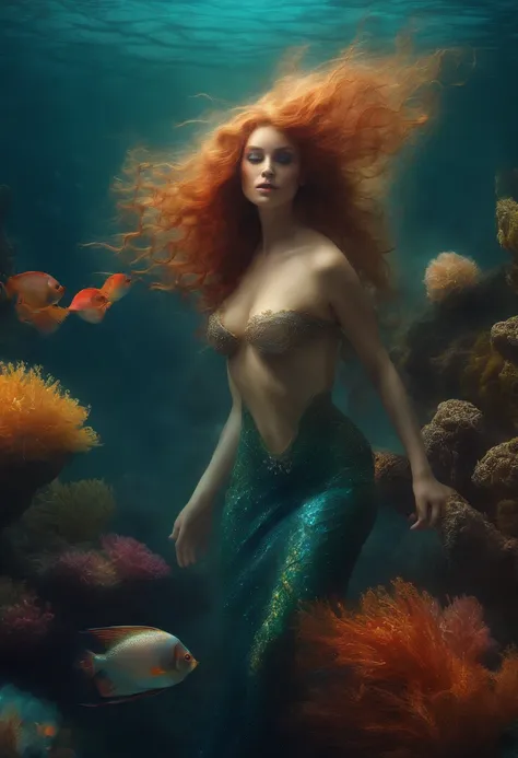 Rainbow Mermaid,fantastic creature (sereia:1.1),underwater setting,nas profundezas do oceano,belos olhos detalhados,cara bonito,beautiful detailed lips,Sparkling scales,cabelos coloridos e fluidos,Cauda de peixe fina,magical underwater lighting,atmosfera c...