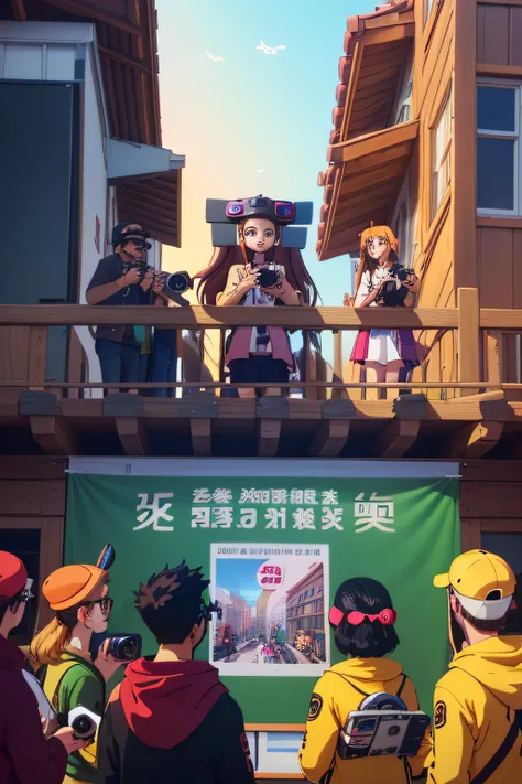 A group of youthful college students，Some are taking pictures with cameras，Some wear VR glasses，Some are drawing with drawing boards，Some wear clothes of anime characters，Some are operating drones，The little girl inside poked her head out of the window to ...