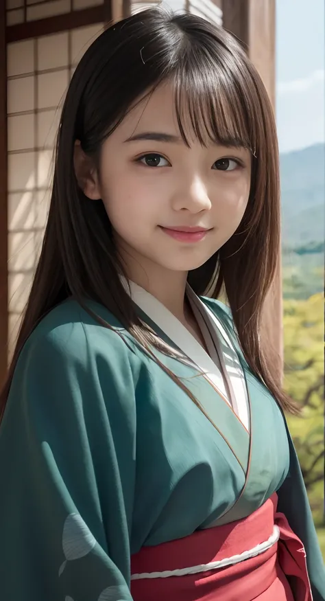 (top-quality、​masterpiece:1.2)、Best Quality、realisitic、photoshot、hight resolution、1080p、8K、Textured skin、Physical Rendering、1 Japan Girls、a junior high school student、kawaii、Young Face、Rolled hair、(japanese kimono:1.5)、kyoto、full of shyness、smil、Big