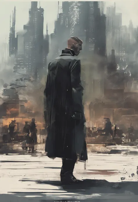 (Best posture),(best angle), (Better expression),Buildings，Trench coat man，The Matrix style