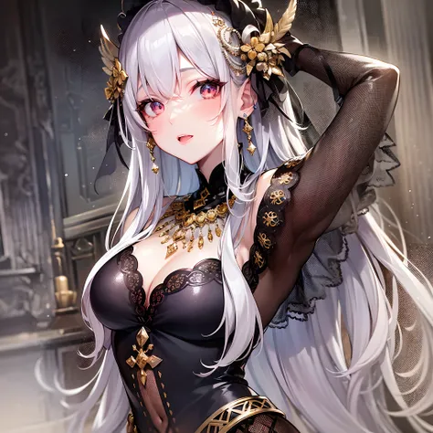 1girl, crimson eyes, silver hair, black royal dress, shiny jewelries, veiled face