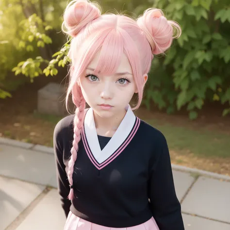 Yellow eyes, pink hair with buns, school uniform, kitsune features