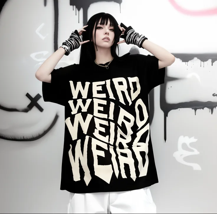 arafed woman in a black shirt with a white writing on it, weird fashion, weird, costume weird, weird stylish avant garde epic, lets get weird, weirdcore, wearing cyberpunk streetwear, costume weird creepy, magical weird, funny and weird, weird art, with po...