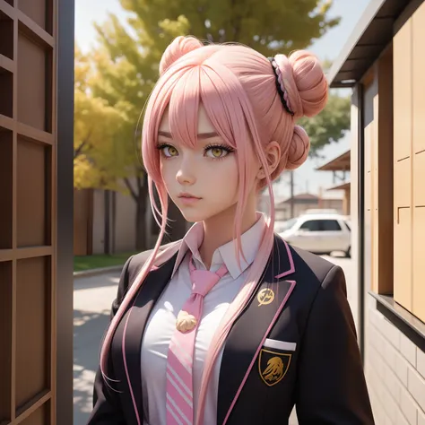 Yellow eyes, pink hair with buns, school uniform, kitsune features