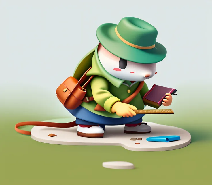 Cute shrew，Preserve color，Plain white background，Hold a ruler in your right hand，Holding a book in his left hand，wears glasses，Observe footprints on the ground，Carry a cross-body bag，wearing hat，blindbox