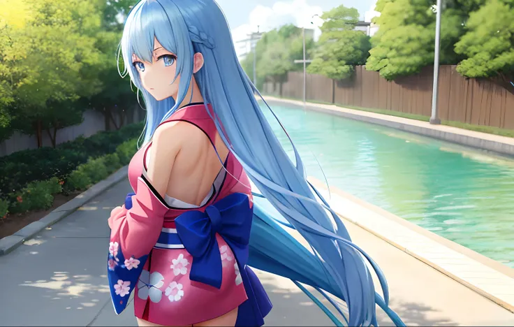 Anime high school girls, Wear sexy kimono, Short kimono, Bare arms, Bare back, bare shoulders​, Walking, Long hair, Light blue hair, view the viewer, Blue eyes