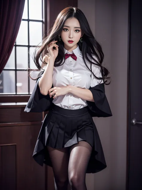 Charming beauties、Evil Female Executive、whiteshirt、Black pleated skirt、black pantyhose、Long curls、charming oval face、二重まぶた、Clear eyes、Purple Eyeshadow、Red Lip、Beautiful thin legs、toned ankles、The ultra -The high-definition、The ultra-detailliert、Elegant sta...