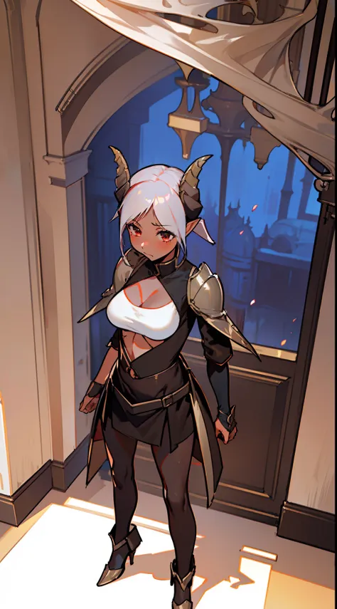 1girl 20 years,solo,angry,(((brown skin))),black and golden short armor,medium tits,white hair,short hair,red eyes,elves ears,bl...