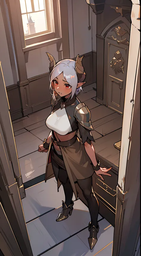 1girl 20 years,solo,angry,(((brown skin))),black and golden short armor,medium tits,white hair,short hair,red eyes,elves ears,black horns,black pantyhose,Detailed,(((standing in front of a room inside a castle))),hd,masterpiece,8k