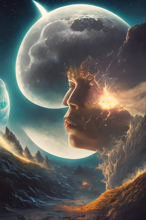 a close up of a persons face with a planet in the background, face melting into the universe, surreal space, the moon crashes into the earth, otherworldly visuals, fractal thunder dan mumford, fractal world, amazingly epic visuals, on a planet of maelstrom...