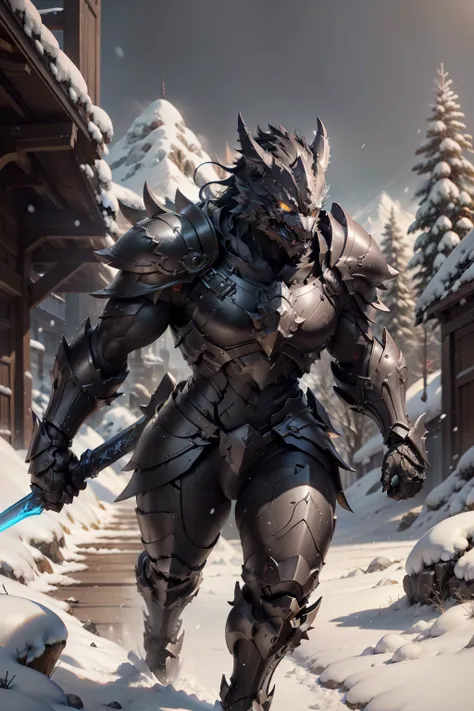 Super cute furry black dragon warrior in armor、realisitic、4K、ultra-detailliert、 vray rendered、unrealengine、Mid-Journey Art Style、Snowfield background、Sword and shield in hand、