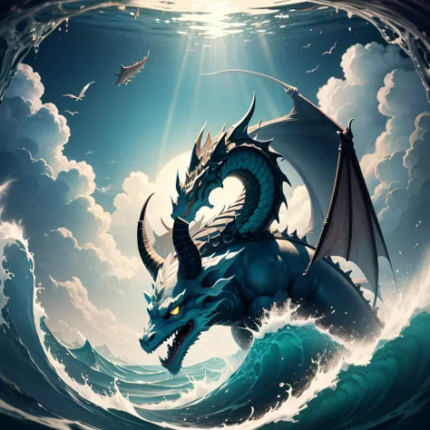 Dragon of the sea of chaos with goats head and fish tail., There is uncertainty., Floating amidst the lapping waves of the abyss., Goat Head, No wings