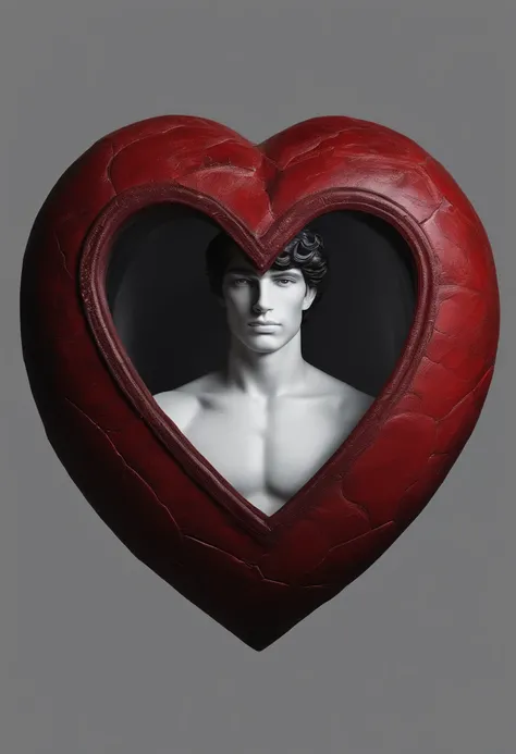 A young man curled up in a red heart-shaped stone