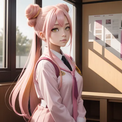 Yellow eyes, pink hair with buns, school uniform, kitsune features