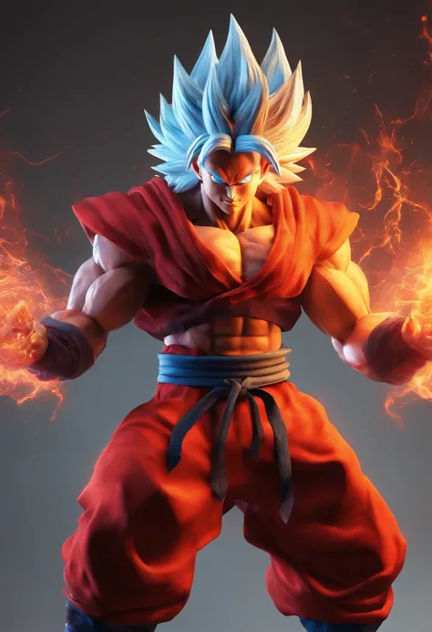 super saiyan 6 demon with white hair red horns dark fur on arms and chest, red eyes, orange loincloth on top of blue pants, gray skin