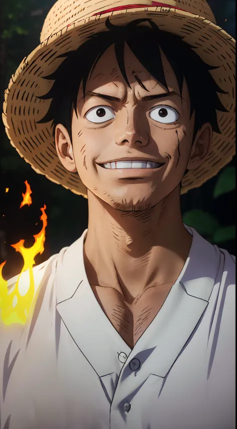 1boy, wanostyle, monkey d luffy, smiling, straw hat, looking at viewer, solo, upper body, ((masterpiece)), (best quality), (extremely detailed), depth of field, sketch, dark intense shadows, sharp focus, soft lighting, hdr, colorful, good composition, fire...