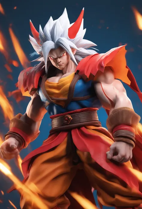 super saiyan 6 demon with white hair red horns dark fur on arms and chest, red eyes, orange loincloth on top of blue pants, gray skin