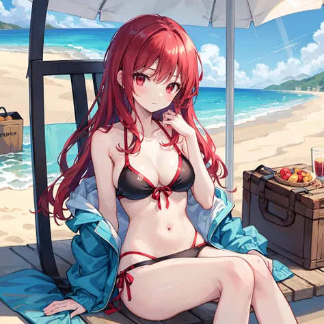 Red hair、red eyes、Beautiful girl alone、The bikini、sitting on、gravure、the beach