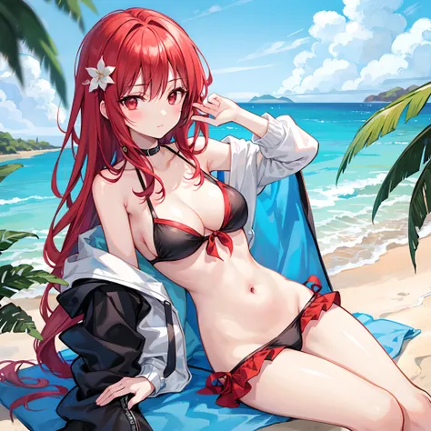 Red hair、red eyes、Beautiful girl alone、The bikini、sitting on、gravure、the beach