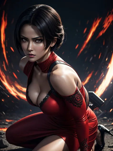 Arti modern anime. angled view, heroic pose, face closeup portrait of stunningly beautiful (Ada Wong from Resident Evil) as an heroic brave lady, in a violent action scene, wind blowing short black hair, slim body, highly ornamented and detailed red long d...