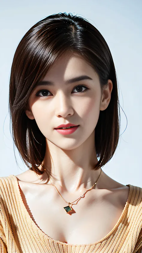 (Best Quality, 8k, 32k, Masterpiece, UHD: 1.2), Cute Japan Woman Pictures, Very Short Bob Hair, Upper Body, Face Focus, oversized_sweater, Necklace, Simple Background, From Above, Watch the Viewer,