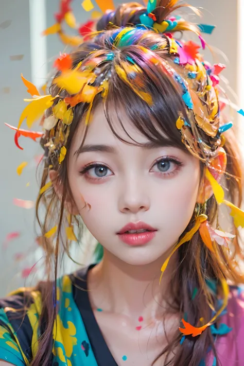 There was a teenage girl posing in the room for a photo, Gorgeous young Korean woman, color splash, （solo：1.8）, color splash, color explosion, colour splash, color explosion, Thick lacquer style，Messy lines，((shining)) ，(colorful), (colorful), (colorful), ...